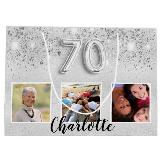 70e verjaardag zilveren glitter foto groot cadeauzakje (Achterkant)