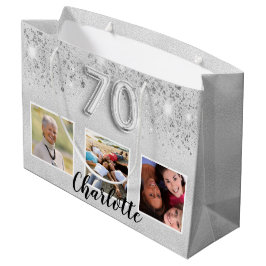 70e verjaardag zilveren glitter foto groot cadeauzakje