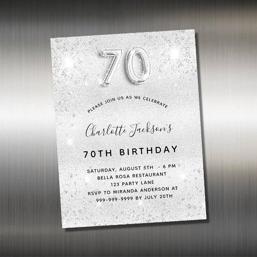 70e verjaardag zilveren glitter uitnodiging magnet