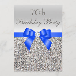 70e Verjaardag Zilveren Sequin Royal Blue Bow Diam Kaart