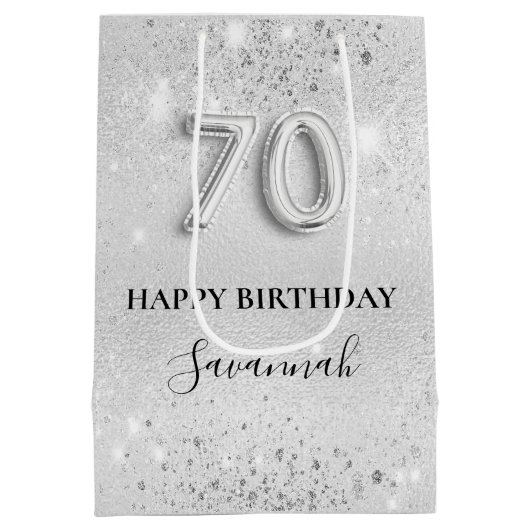 70e verjaardag zilverglitterstofmonogram medium cadeauzakje (Achterkant)
