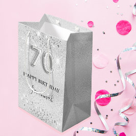 70e verjaardag zilverglitterstofmonogram medium cadeauzakje