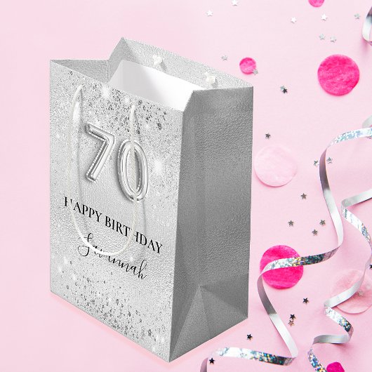 70e verjaardag zilverglitterstofmonogram medium cadeauzakje