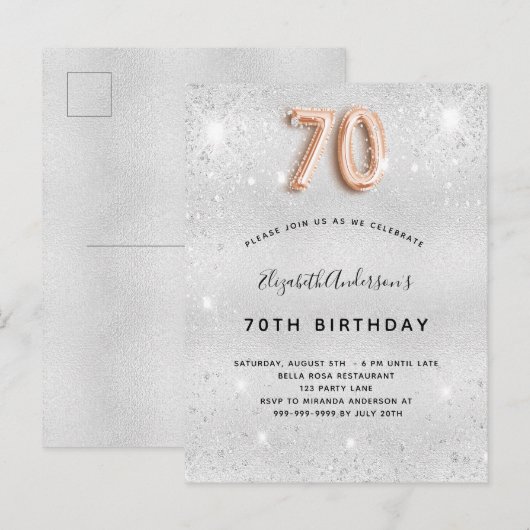70e verjaardag zilvermetaal roos goud glitter uitnodiging briefkaart (Voorkant / Achterkant)