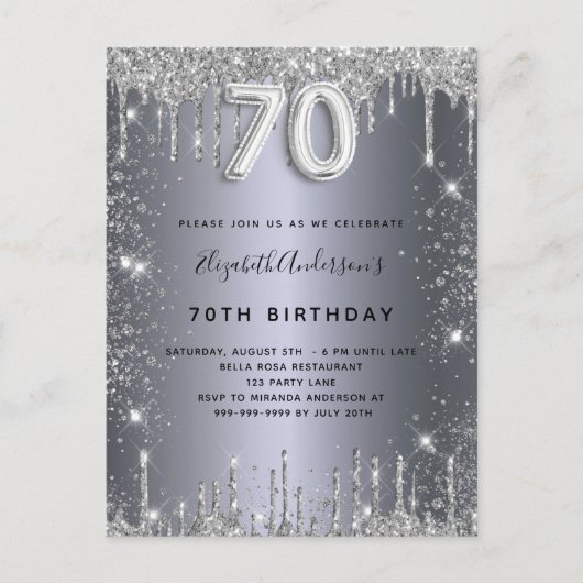 70e verjaardag zilvermetalen glitterstofglazuur uitnodiging briefkaart (Voorkant)