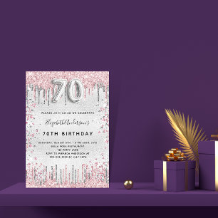 70e verjaardag zilverroze glitter glamoureus kaart
