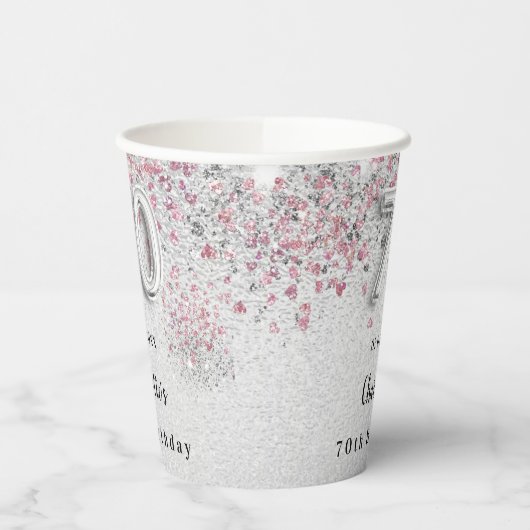 70e verjaardag zilverroze glitter naam papieren bekers (Links)