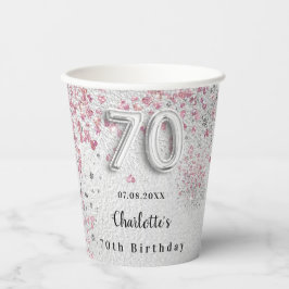 70e verjaardag zilverroze glitter naam papieren bekers