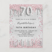 70e verjaardag zilverroze metalen glitterstof uitnodiging briefkaart (Voorkant)