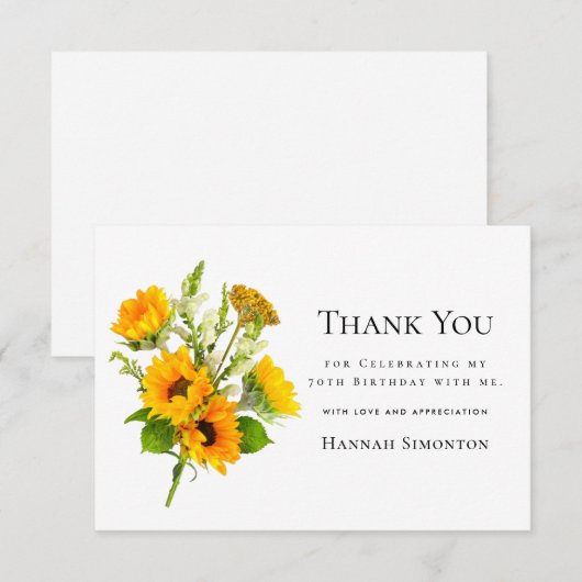 70e verjaardag zonnebloem boeket gepersonaliseerd bedankkaart (Voorkant / Achterkant)