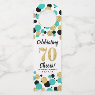 70e Verjaardag Zwart Blauwgroen Goud Glitter Confe Flessenhanger