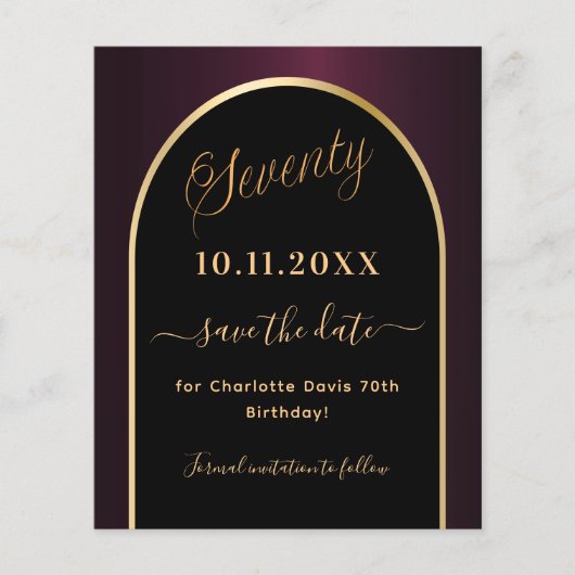 70e verjaardag zwart bordeauxrood budget save the  flyer (Voorkant)