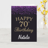 70e Verjaardag Zwart en Goud Glitter Kaart (Gele Bloem)