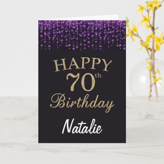 70e Verjaardag Zwart en Goud Glitter Kaart (Gele Bloem)