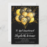 70e verjaardag zwart en goud kaart<br><div class="desc">Zwarte en gouden ballonnen en confetti 60ste verjaardagsfeest. Vet zwart en goudstijlontwerp met modern wit script. Aanpassen voor elke leeftijd. 30,  40,  60,  70,  80 en meer. Zie het volledige collectie op: https://www.zazzle.com/collections/gold_and_black_balloons_confetti_birthday_party-119172749816882801</div>