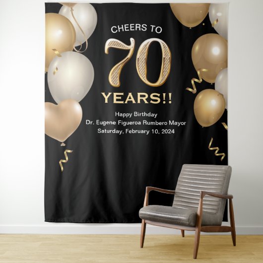 70e verjaardag Zwart en Goud Photo Booth Achtergro Wandkleed (In situ)