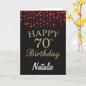 70e Verjaardag Zwart en Rood Goud Glitter Kaart (Gele Bloem)