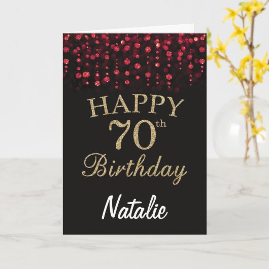 70e Verjaardag Zwart en Rood Goud Glitter Kaart (Gele Bloem)