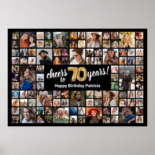 70e Verjaardag Zwart Goud 100 Foto Collage Poster (Voorkant)
