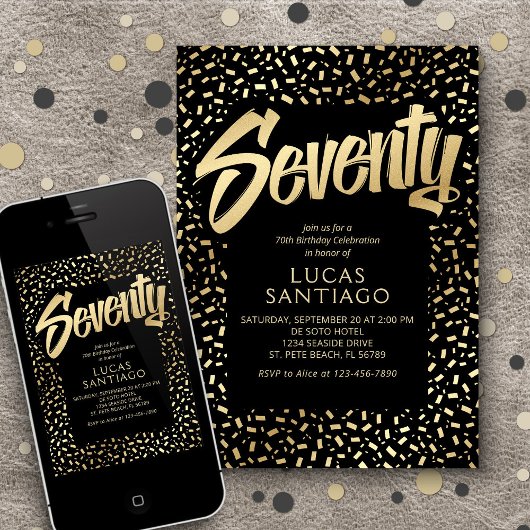 70e verjaardag Zwart Goud Confetti Kaart