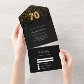 70e verjaardag zwart goud confetti RSVP All In One Uitnodiging (Afscheurbaar)