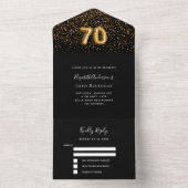 70e verjaardag zwart goud confetti RSVP All In One Uitnodiging (Binnen)