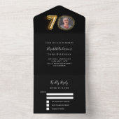 70e verjaardag zwart goud foto RSVP All In One Uitnodiging (Binnen)