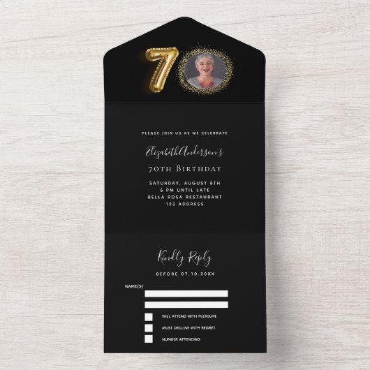 70e verjaardag zwart goud foto RSVP All In One Uitnodiging (Binnen)