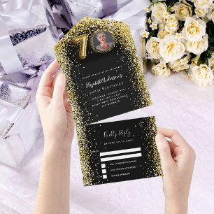 70e verjaardag zwart goud foto RSVP All In One Uitnodiging