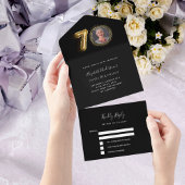 70e verjaardag zwart goud foto RSVP All In One Uitnodiging