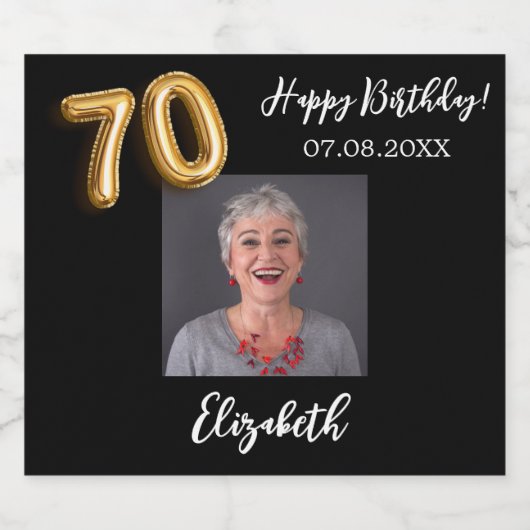 70e verjaardag zwart goud foto sparkling wijnetiket (Enkel label)