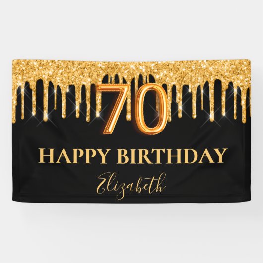 70e verjaardag zwart goud glitter druppels spandoek (Horizontaal)