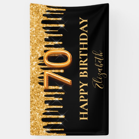 70e verjaardag zwart goud glitter druppels spandoek (Verticaal)