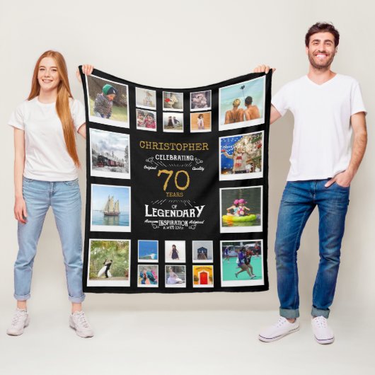 70e Verjaardag Zwart Goud Legendary 20 Foto Fleece Deken (In situ)