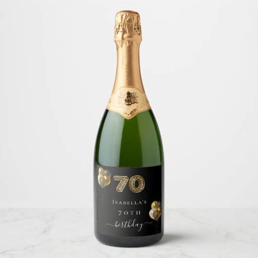 70e verjaardag zwart goud luipaard print ballonnen sparkling wijnetiket (Voorkant)