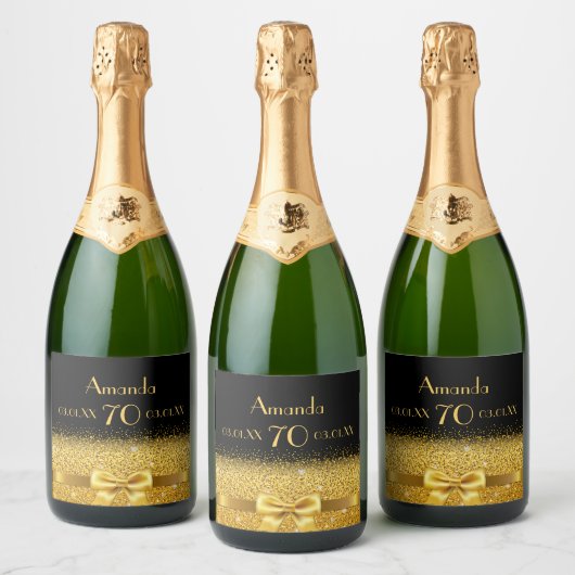 70e verjaardag zwart goud luxueus monogram sparkling wijnetiket (Flessen)