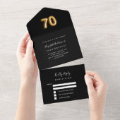 70e verjaardag zwart goud RSVP All In One Uitnodiging (Afscheurbaar)