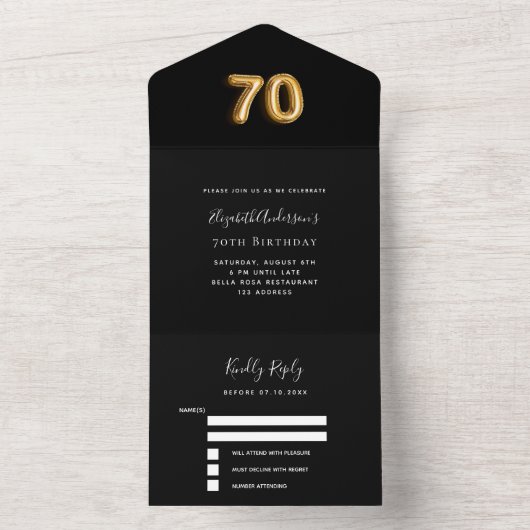 70e verjaardag zwart goud RSVP All In One Uitnodiging (Binnen)
