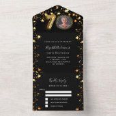 70e verjaardag zwart goud sterren foto RSVP All In One Uitnodiging (Binnen)