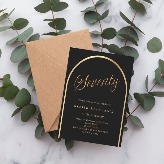 70e verjaardag Zwart Gouden Ark Elegant script Kaart