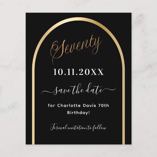 70e verjaardag Zwart gouden boog Save the Date Car (Voorkant)