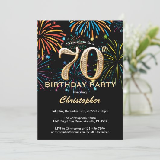 70e verjaardag zwart-gouden regenboogvuurwerk kaart (Staand voorkant)