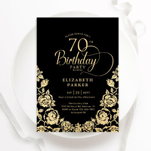 70e verjaardag zwart gouden Rozen Kaart