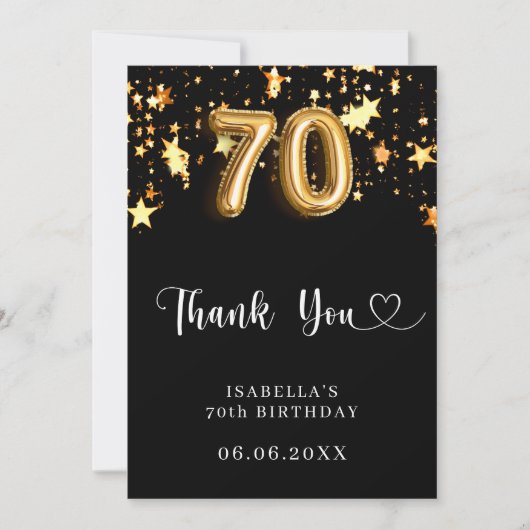 70e verjaardag zwart gouden sterren bedankkaart (Voorkant)