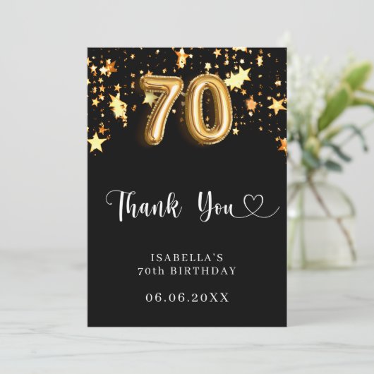 70e verjaardag zwart gouden sterren bedankkaart (Staand voorkant)
