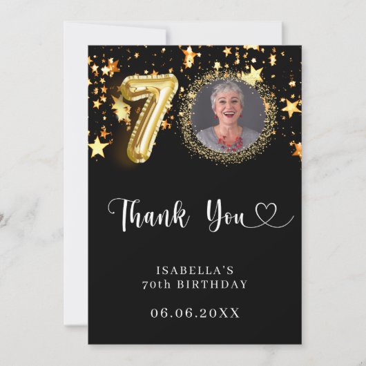 70e verjaardag zwart gouden sterren foto bedankkaart (Voorkant)
