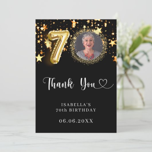70e verjaardag zwart gouden sterren foto bedankkaart (Staand voorkant)