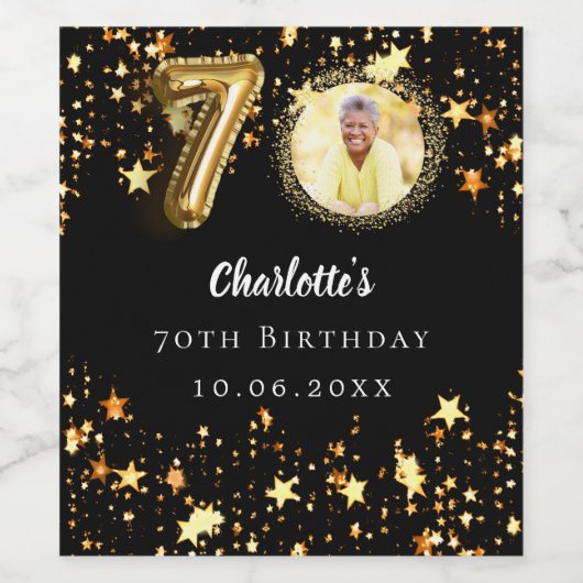 70e verjaardag zwart gouden sterren foto wijn etiket (Enkel label)