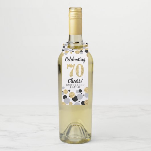 70e Verjaardag Zwart Grijs Goud Glitter Confetti Flessenhanger (Op fles)