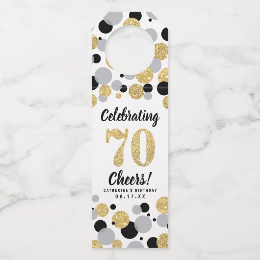 70e Verjaardag Zwart Grijs Goud Glitter Confetti Flessenhanger (Voorkant)
